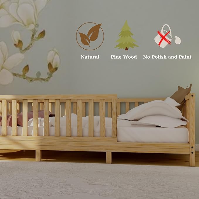Montessori Floor Bed Designed with Open Front for Girls and Boys | Pine Wood Natural Solid Frame Beds Footed Model with Slats | Sturdy Designed Floor Bed Frame for Kids (Crib, Height : 23 Inches)