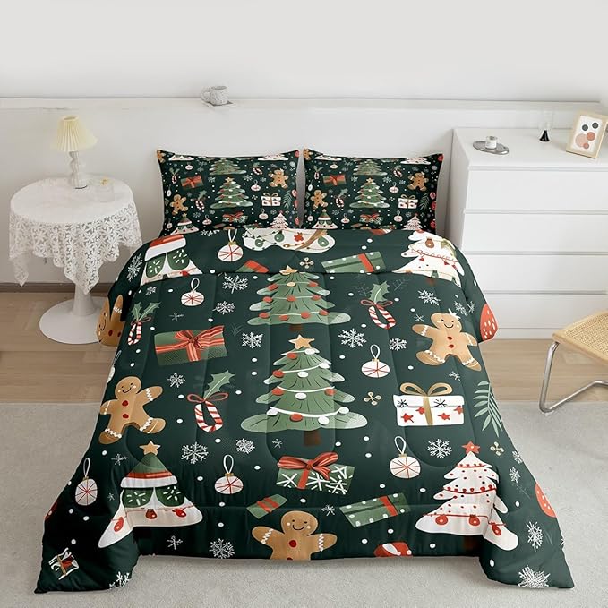 Feelyou Christmas Comforter Set Full Size Xmas Tree Bedding Set for Kids Boys Girls Gingerbread Man Duvet Quilt New Year Gift Bedroom Decor Microfiber 3 Pcs with 2 Pillow Cases