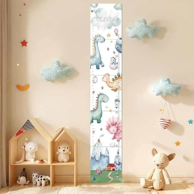 Personalized Name Growth Chart for Kids, Watercolor Dinosaur Height Measurement Chart for Children's Growth, Suitable for Both Boys and Girls, Removable and Easy to Store, Lightweight