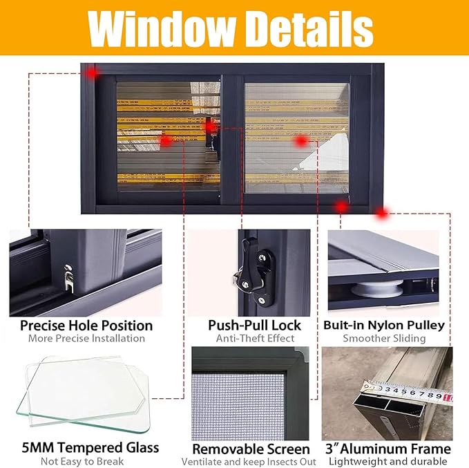 40x25in 36x16in 20x12in Window for Houses, Basement Replacement Windows Aluminum Sliding Window White/Black for Bathroom/Shed/Chicken Coop(White,29x24in)