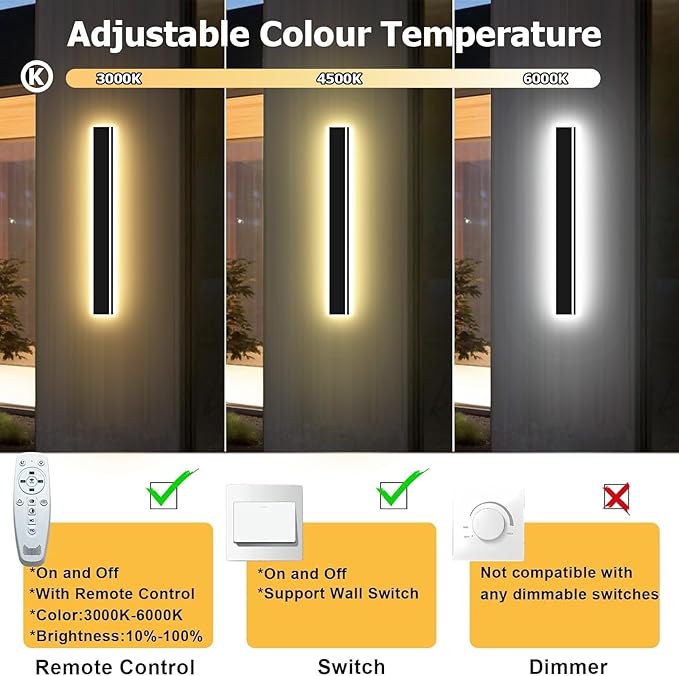 47inch Modern Outdoor Wall Light, Dimmable 3000K-6000K Linear Outdoor Wall