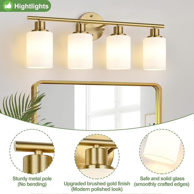 4-Light Bathroom Light Fixtures, Brushed Gold Modern Vanity Lights