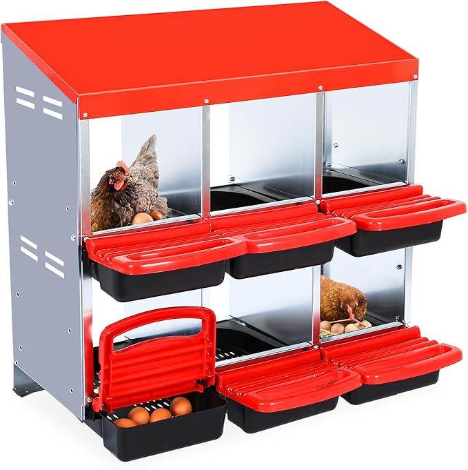 GarveeHome 2-Tier Chicken Nesting Box, 6 Compartment Metal Chicken Laying Boxes with Waterproof Roof ＆ Removable Trays for Hens, Poultry，Easy Egg Collection