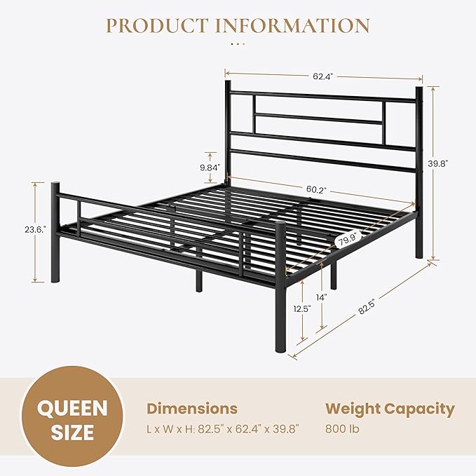 SHA CERLIN 14 Inch Queen Size Metal Bed Frame with Iron-Art Headboard and Footboard,Under Bed Storage Space,Platform Bed with Metal Slats Support,Easy Assembly,Noise Free,No Box Spring Needed,Black