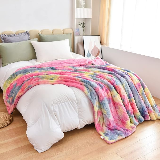 NEWCOSPLAY Super Soft Faux Fur Blanket Queen Size Dark Rainbow Sherpa Fuzzy Plush Warm Blanket for Sofa Bed (Dark Rainbow, Queen(90"x90"))