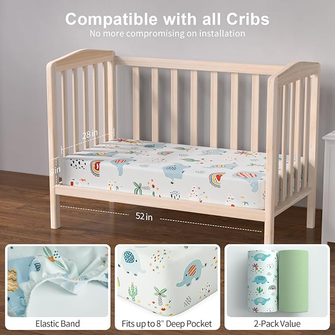 Baby Crib Sheets 2 Pack for Boys and Girls Fit for Standard Crib Toddler Mattress Breathable Soft Microfiber Baby Sheet 28x52x8 in (Dumbo & Green)