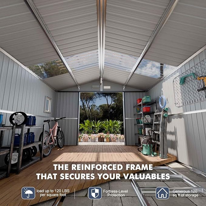 Metal Shed 10x10x7 FT with Floor Kit, Enhance Your Space with Natural Lighting, Outdoor Storage Steel Sheds with Base, Windows, Translucent Roofs, and Lockable Doors, Ideal for Garden & Patio