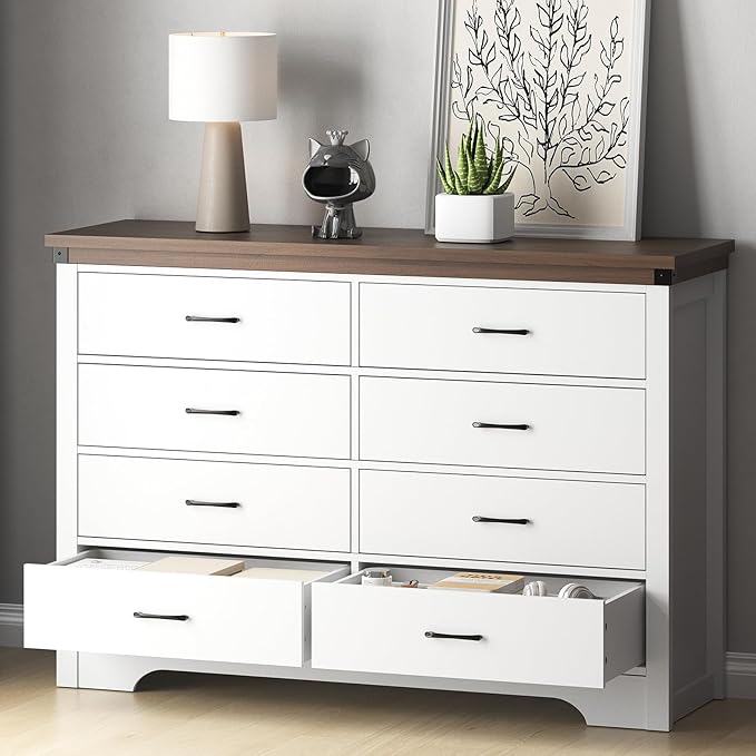 Farmhouse 8 Drawer Dresser for Bedroom, 52" Wide Chest of Drawers, Wooden Dresser TV Stand, Storage Dressers Organizer for Bedroom, Living Room, Hallway, White