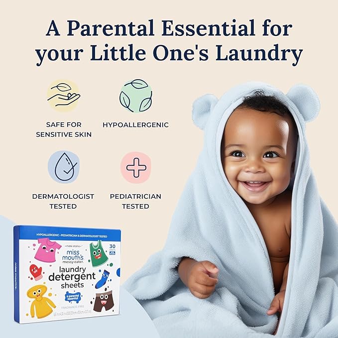 Miss Mouth’s Messy Eater Stain Treater Stain & Suds Duo Pack - 3 Pack Spray and 30 Pack Detergent Sheet bundle - Newborn & Baby Essentials - Food, Grease, Coffee Off Laundry, Underwear, Fabric