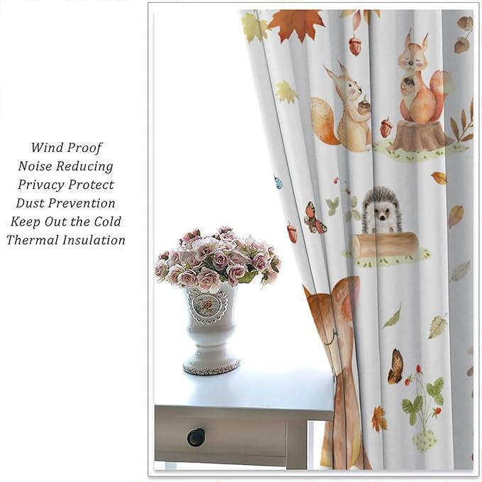 Fall Animails Curtains for Kids, Rustic Cute Woodland Wild Animal Window Treatments Watercolor Autumn Leaves Cartoon Fox Deer Window Drapes for Nursery Toddler Bedroom 63x72in