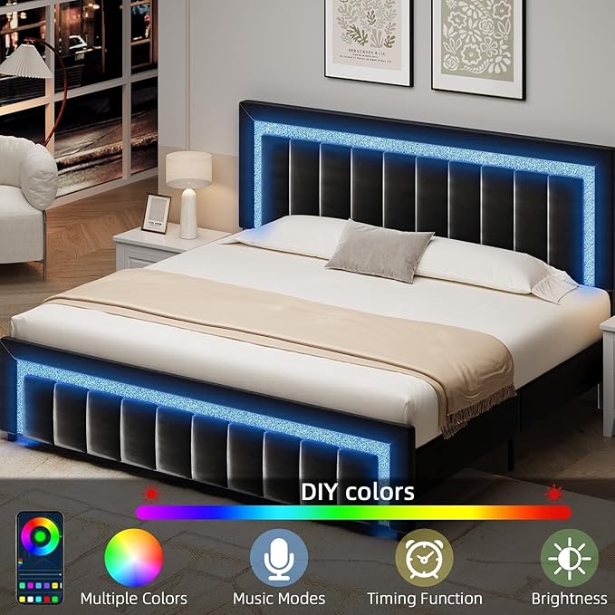 HOMBCK Bed Frame King with LED Lights and Velvet Upholstered Headboard