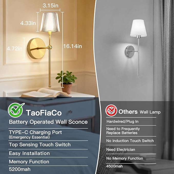 Battery Operated Wall Sconces Set of 2, Wireless Wall Sconce