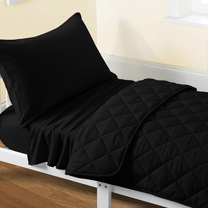 FLXXIE 4 Pieces Toddler Bedding Set, Soft and Breathable Microfiber Crib Sheet Set, Includes Quilted Comforter, Flat Top Sheet, Fitted Sheet, Envelope Pillow Case for Boys and Girls, Black