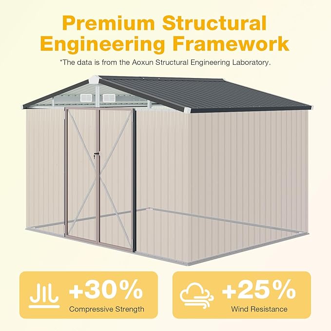 10x8 FT Outdoor Metal Storage Shed with Floor & Lockable Double Doors, Heavy-Duty Galvanized Steel Outdoor Shed for Bike, Tool, Generator Storage in Backyard, Patio (10’x8’, Floor)