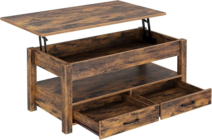 Rolanstar Coffee Table, 47.2" Lift Top Coffee Table with Drawers and Hidden Compartment, Retro Central Table with Wooden Lift Tabletop, for Living Room, Rustic Brown