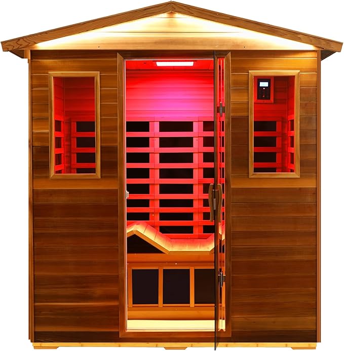 Red Cedar Ultra Low EMF Far Infrared Outdoor Sauna 3 Person with Ergonomic Seat, Mid-IR Beauty Lamp, 1950 W, 7 Infrared Carbon Plate Heaters, Chromotherapy Lamp, Reading Lamp, Bluetooth Speaker