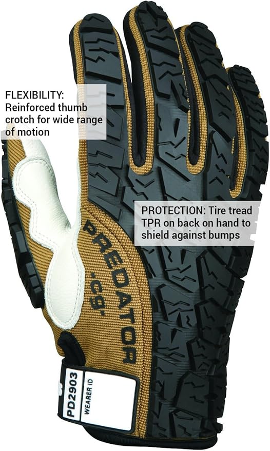 MCR Safety PD2903XXL Predator Multitask Grain Cow Leather Palm, Breathable, Padded Gloves, Tire Tread Backing, White/Tan, 2X-Large, 1 Pair