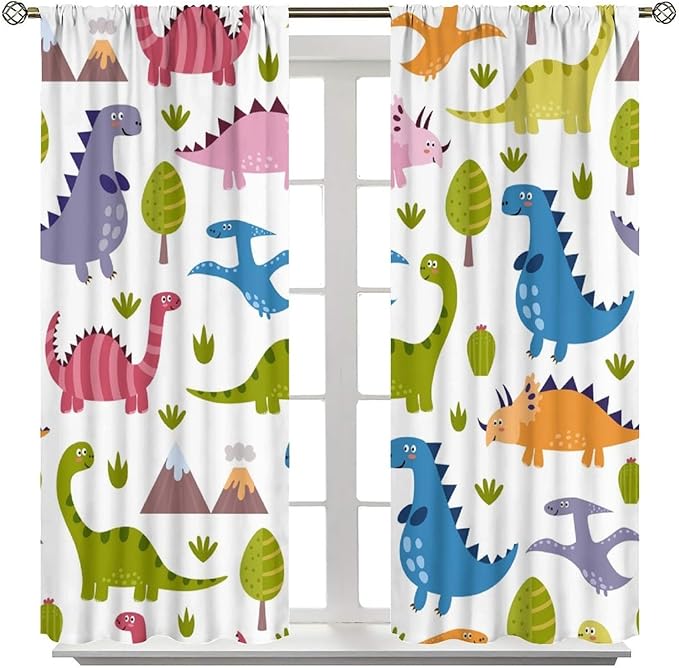 Dino Curtains, Cartoon Style Colorful Dinosaurs Pattern Blackout Window Treatments, Rod Pocket Thermal Insulated Drapes 2 Panel Sets for Kids Bedroom Nursery Classroom, 63" W X 63" L