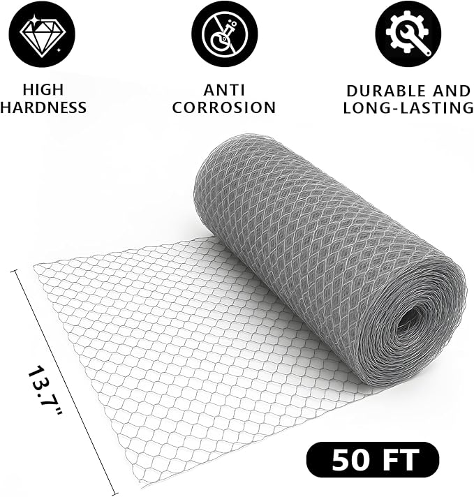 Chicken Wire, 13.7 in x 50 ft Garden Fence, Wire Mesh, Chicken Wires Fencing, Mesh Hexagonal Galvanized Metal Poultry Netting for Chicken Coop Rabbit Dogs Barrier (13.7 in x 50 ft)