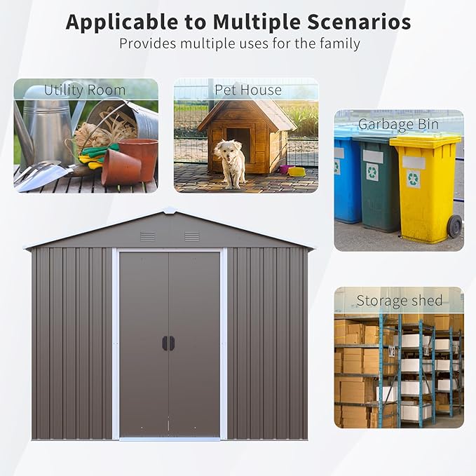 4x8 FT Outdoor Storage Shed, Metal Garden Shed with Frame Floor, Outside Tool Shed with Lockable Sliding Doors, Waterproof Storage Building with Sloped Roof for Backyard, Patio, Lawn, Warm Gray