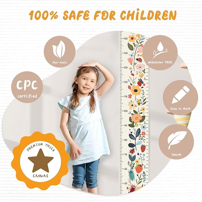 Personalized Name Growth Chart for Kids, Flower Canvas Height Chart Ruler Removable Hanging Wall Ruler Measurement Chart for Home Decoration, Waterproof Measuring Board, Foldable