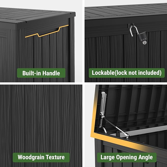 Mars Villa Deck Box, Waterproof and Weatherproof Large Resin Storage Bin with Lockable Lid, Ideal for, Outdoor, Patio Furniture Cushions, Pool Supplies, Garden Tools (150 Gallon, Black)