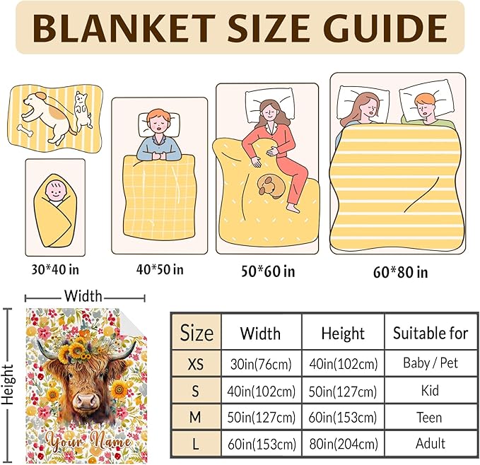 Custom Highland Cow Blanket Gifts with Name - 50x40 Inches Vintage Throw Blanket for Women, Girls - Colorful Soft Fuzzy Blankets for Sofa Couch - Gift for Mom Doughter Grandma