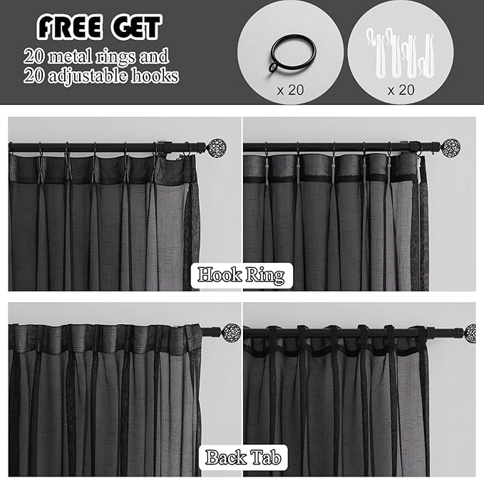 Black Linen Look Pinch Pleated Sheer Curtains 90 Inches Long 2 Panels, 50 Inches Width, Rustic Textured Light Filtering Drapes, Dark Moody Window Curtain with Hooks