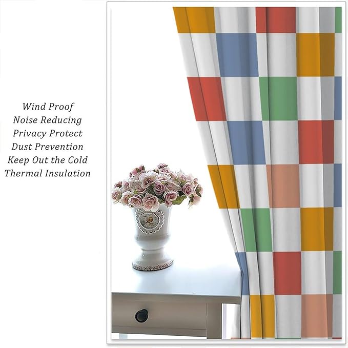 Retro Checkered Curtains,70s Vintage Twisted Checkered Window Drapes Colorful Groovy Trendy Wavy Hippie Grid Print Window Treatments for Kids Girls Bedroom Living Room Bathroom 42" W X 63" L