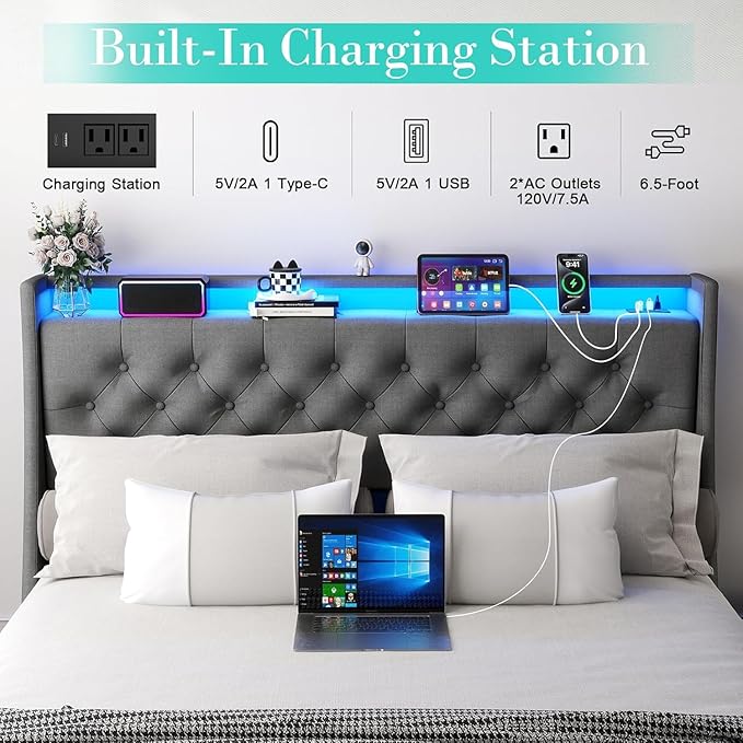 Queen Bed Frame with 4 Storage Drawers, Upholstered Headboard, LED Lights