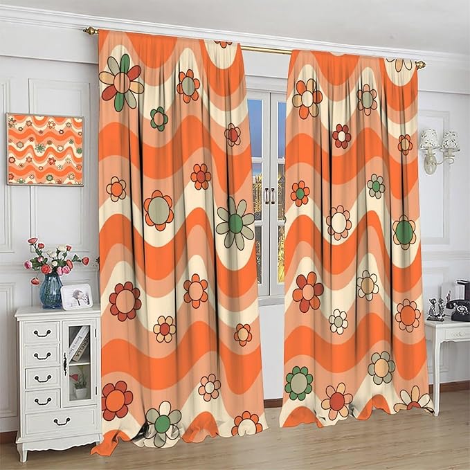 70s Boho Retro Curtains for Bedroom,Groovy Vintage Floral Rainbow Window Treatments Drapes for Kids Girls Window 63"" W X 72"" L, Style-6