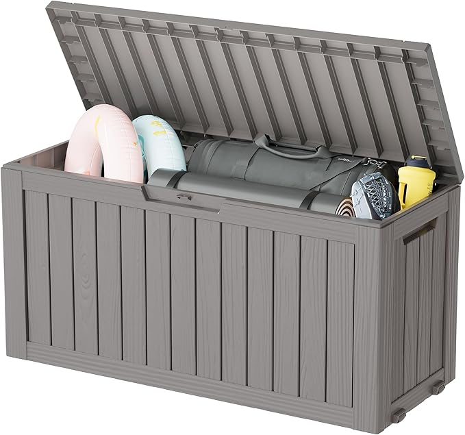 Outdoor Storage Box, Resin Deck Boxes Indoor and outdoor, Waterproof Storage Box Lockable Lid (Grey, 75 Gallon)