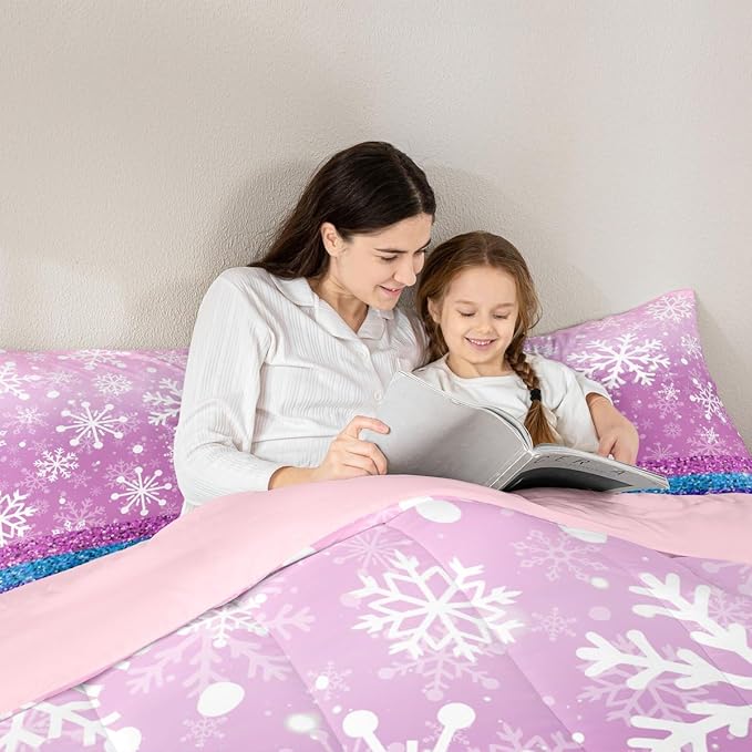 Feelyou Pink Snowflake Comforter Set King Size Winter Snowflake Bedding Set for Kids Boys Girls Christmas Duvet Quilt Glitter Print Bedroom Decor Microfiber 3 Pcs with 2 Pillow Cases