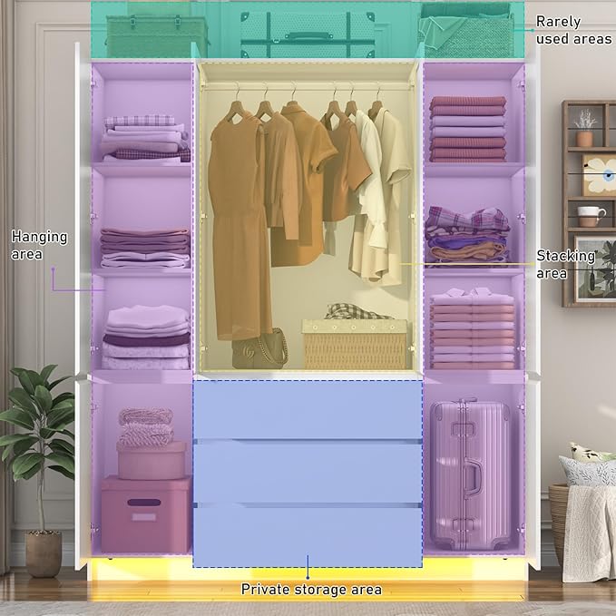 4 Doors Armoire Wardrobe Closet with 3 Drawers & Mirror, Modern Wooden Bedroom Armoires with Hanging Rod Led Lights for Bedroom, White