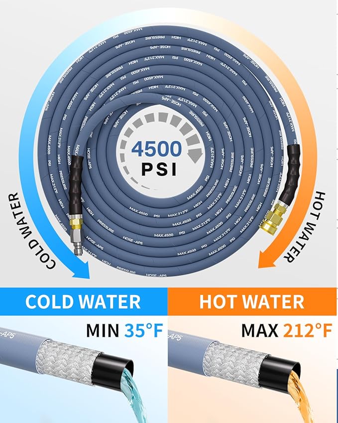 Pressure Washer Hose 150FT 3/8" for Cold and Hot Water 212°F, with Swivel Quick Connect, 4500PSI Kink Resistant Grade Steel Wire Braided, Power Washer Hose With 2pcs M22-14mm Adapter