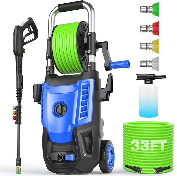 4800 PSI Pressure Cleaner- 4.0 GPM High Power Cleaner with 33FT Hose Reel, 4 Spray Tips and Soap Bottle for Car Washing, Fence Cleaning, Patio Maintenance（Upgraded）(Blue)