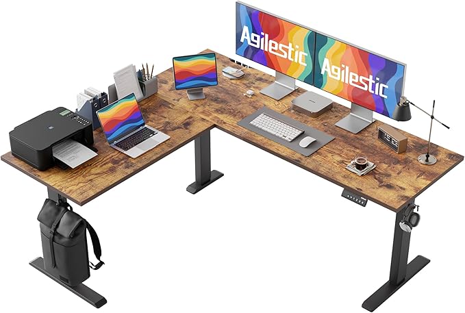 Agilestic 63 x 55 Inch L Shaped Standing Desk Adjustable Height, Corner Standing Desk, Sit Stand Up Computer Table, Splice Board, Rustic Brown