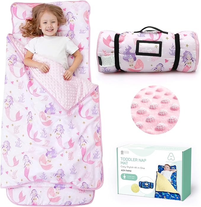 ACRABROS Toddler Nap Mat with Pillow and Blanket, Extra Large Rolled Napping Mats,Slumber Bags for Boys Girls,Kids Sleeping Bag for Daycare, Preschool Travel Camping,Mermaid