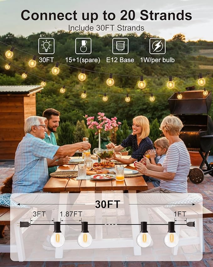 GLUROO Outdoor String Lights, 30FT LED Patio Lights Outdoor Wateproof