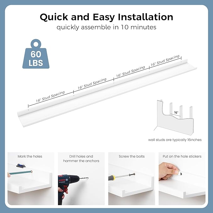 Picture Ledge Shelf for Wall, 72 inch Nursery Book Shelves 4 Packs, Large Long Floating Ledge Shelves for Kid's Room Bedroom Bathroom Living Room Photo Frames Office Nursery Wall Decor, White