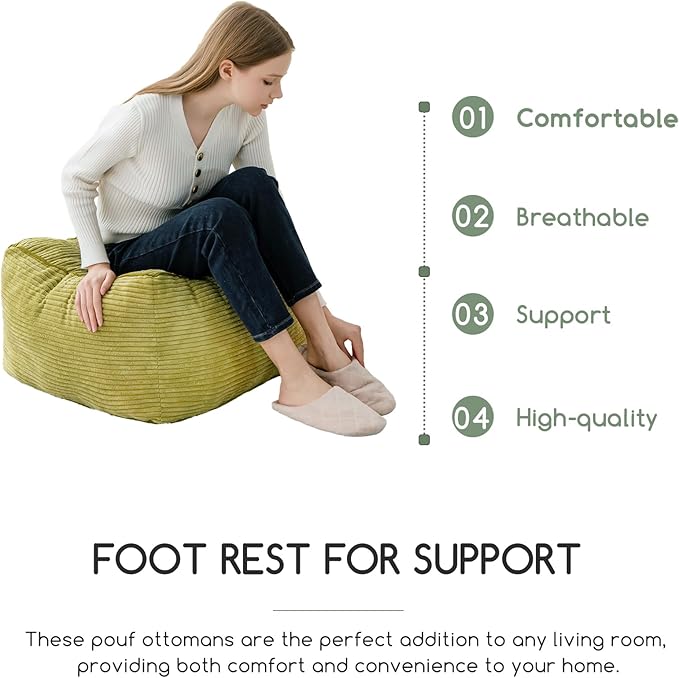 HIGOGOGO Square Stuffed Pouf Ottoman, Corduroy Poufs with Foam Chunk Filling, Furry and Fluffy Pouf Foot Stool Storage Ottoman, 21 X 21 Floor Poufs Foot Rest for Living Room, Green