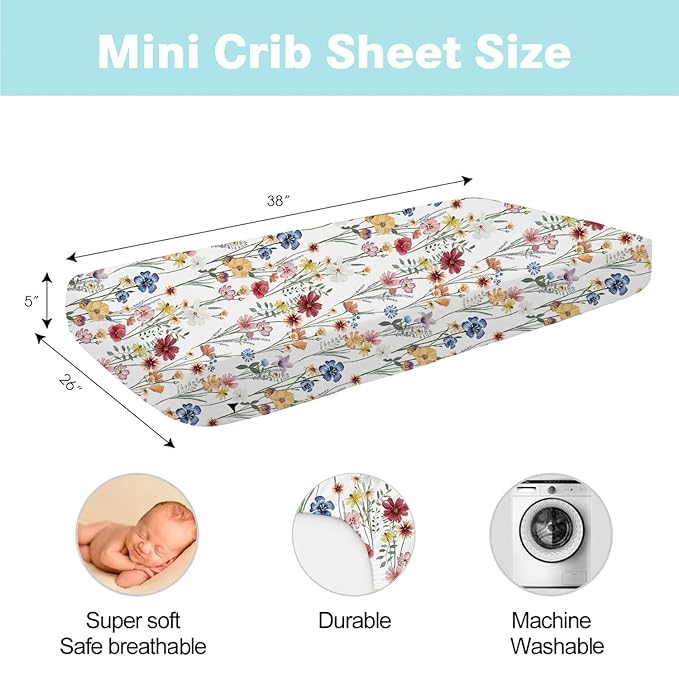 bimocosy Mini Crib Sheets,Pack and Play Sheets for Baby Girl Boy 4 Pack,Size 38"x 26" for Playard Mattress,Portable Mini Crib,Soft Pack N Play Sheets Fitted,Butterfly/Floral/Pink/Purple