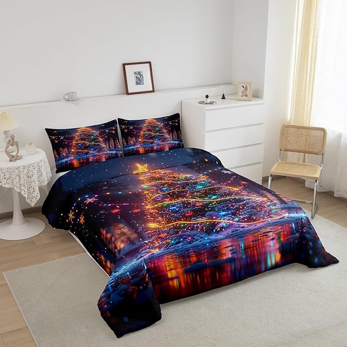 3D Christmas Tree Comforter Set Queen Size,Snowflake Glitter Polka Dot Bedding Set for Kids Boys Girls Room Decor,Merry Christmas Duvet Insert 3Pcs,Xmas Neon Style Fashion Quilt Set,2 Pillowcases