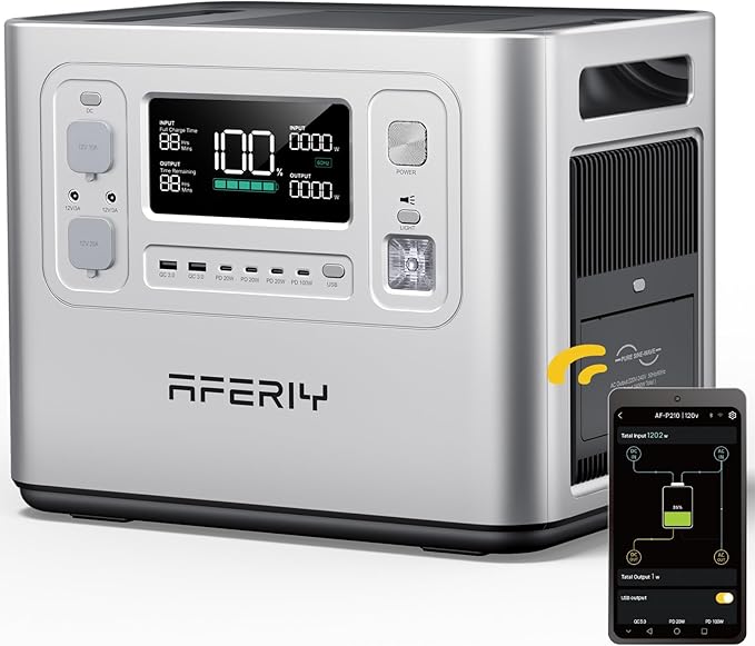 AFERIY P210 Portable Power Station 2400W (4800W Peak),2048Wh LiFePO4 Battery Generator with 1100W AC Charging & 500W Solar Charging,for Home Backup,Outdoor Camping, RVs, Emergencies, Power Outages