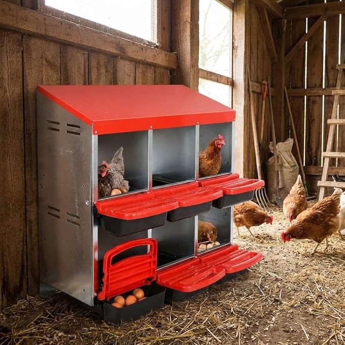 GarveeHome 2-Tier Chicken Nesting Box, 6 Compartment Metal Chicken Laying Boxes with Waterproof Roof ＆ Removable Trays for Hens, Poultry，Easy Egg Collection