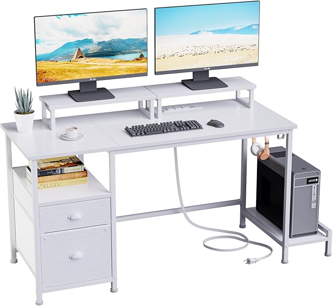 Furologee 47" Computer Desk with File Cabinet and Power Outlets, Home Office Desk with 2 Monitor Stands and Storage Drawer, Writing Gaming Table with Shelves and 2 Hooks for Bedroom, White