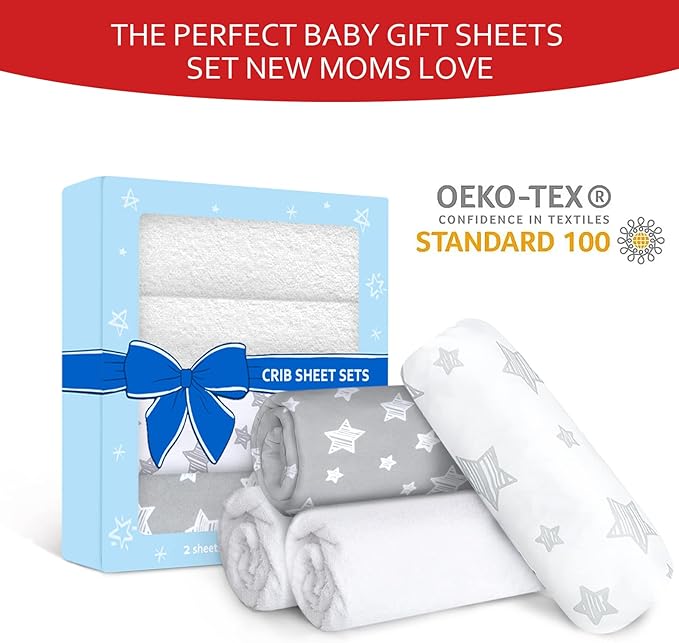 Crib Sheets & Waterproof Crib Mattress Protector for Boys 4 Pack Set, Viscose, Waterproof Crib Sheets Mattress Pad Cover, Grey & White
