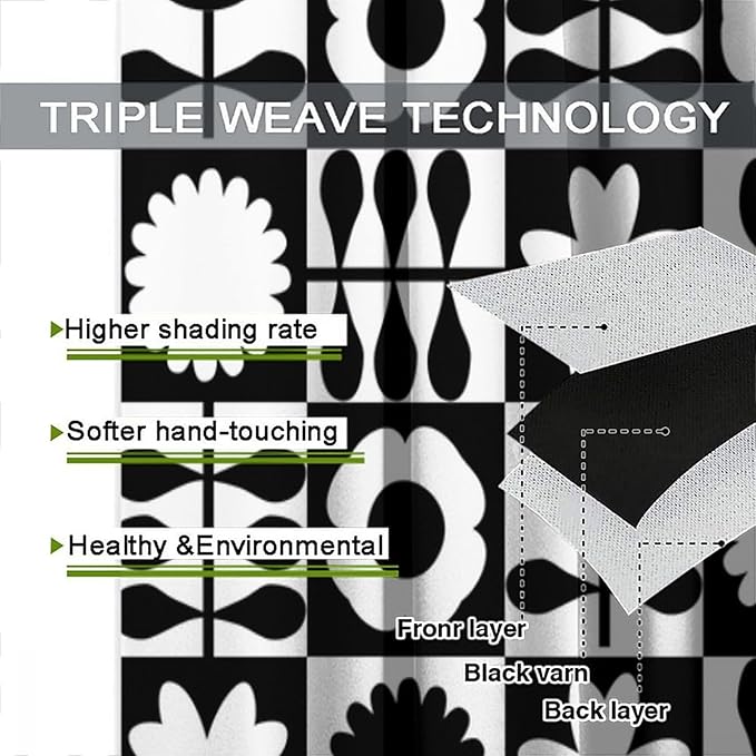 Mid Century Geometric Floral Curtains,Vintage 70s Window Treatments for Boys Girls Kids Bedroom Curtains,Boho Black and White Floral Curtains 42"" W X 45"" L, Style-10