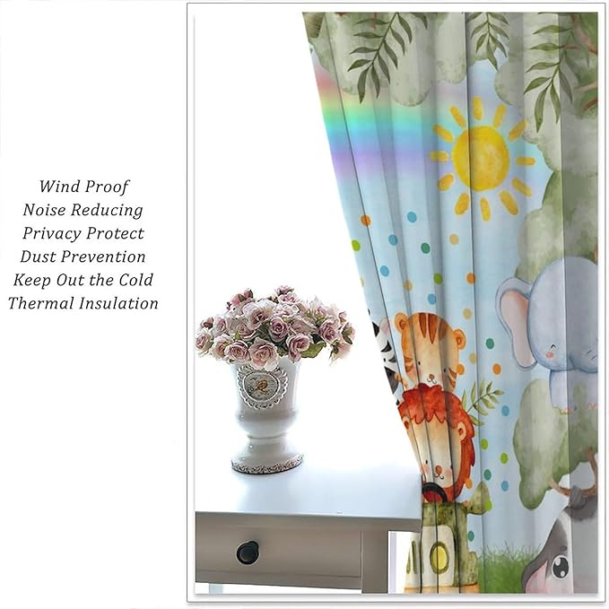 Woodland Kids Curtains Rustic Woodland Wild Animals Watercolor Forest Rainbow Sun Window Draeps for Baby Girls Boys Kids Nursery Bedroom Living Room 2 Panels, 63x63 Inch