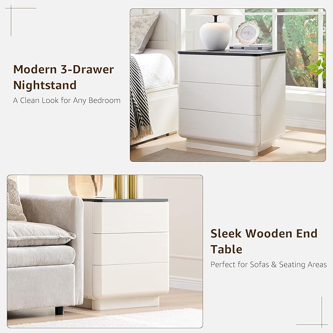 JXQTLINGMU 22" Modern Nightstand with Charging Station, Large Push-to-Open End Table, Wood Bedside Table w/Curved Profile Design, Handleless 3 Drawer Night Stand for Bedroom, Living Room, Off White
